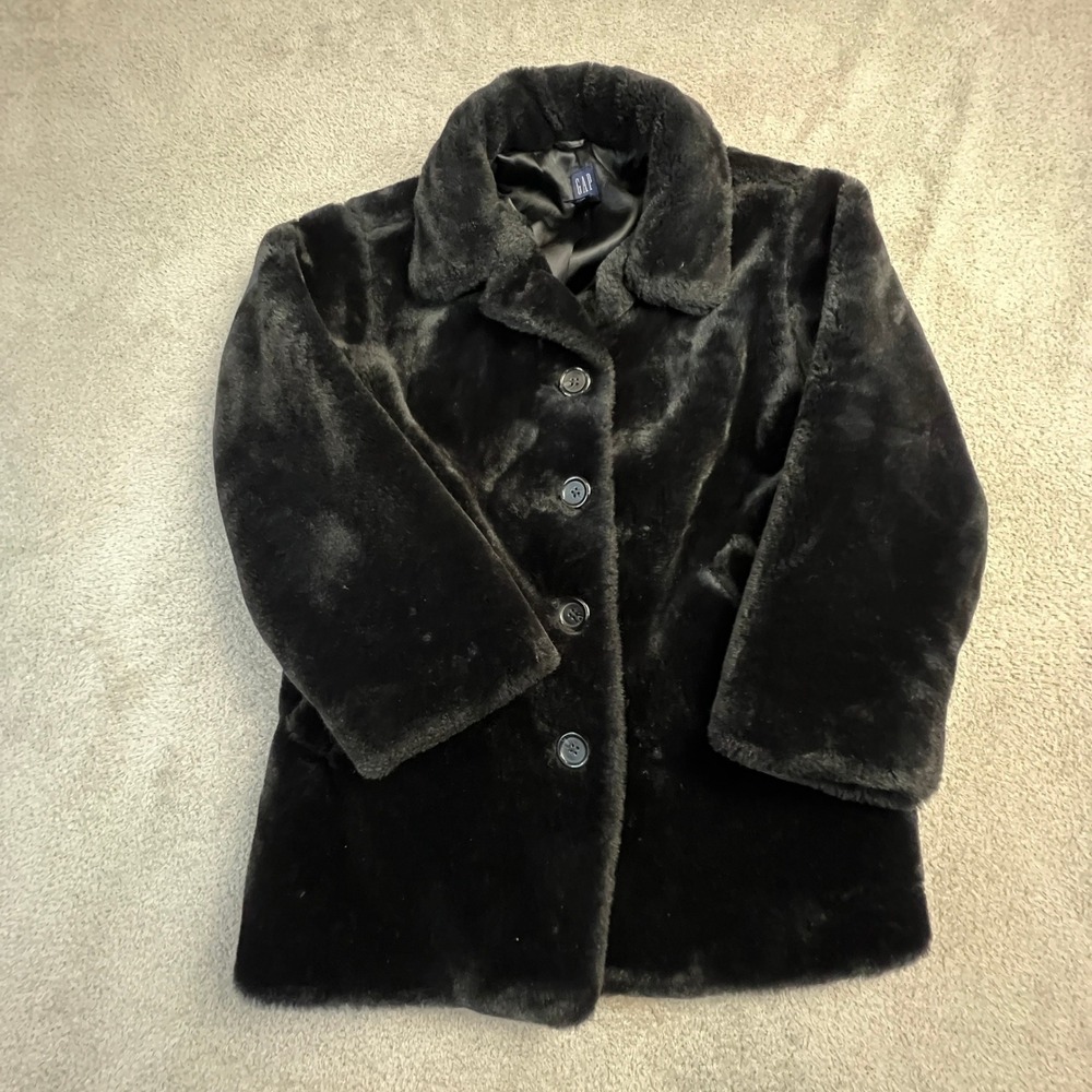 Vintage Gap Black Faux‎ Fur Coat Women's Large Button Front Jacket